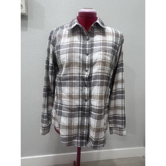KÜHL Flannel Shirt Womens Small Plaid Long Sleeve Button Down Gray Brown Casual - Picture 1 of 8